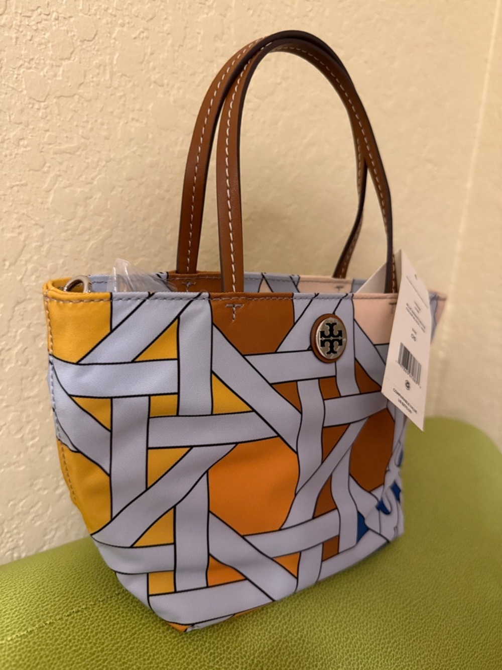 Tory Burch Nylon Printed Mini Tote Blue Basketweave Colorblock - Picture 9 of 11